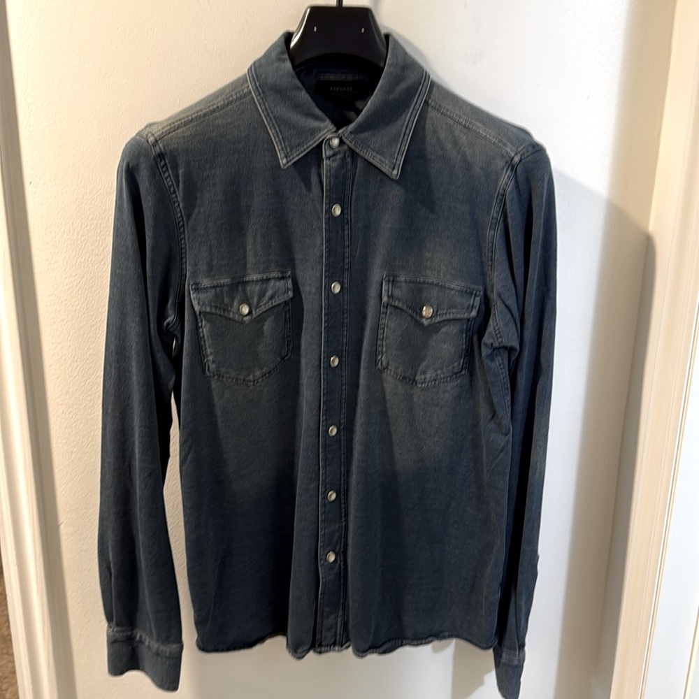 Distressed Western snap front stretch cotton shirt, size S